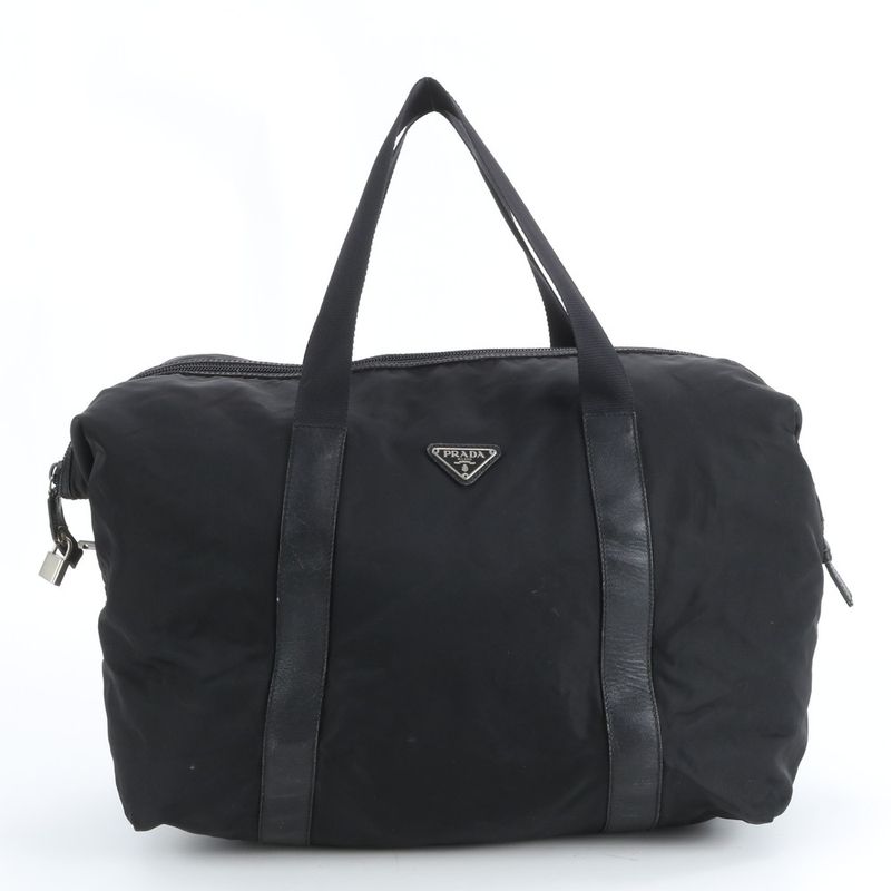 Prada Tessuto Nylon Triangle Logo Leather Boston Bag Business Travel Tote Black