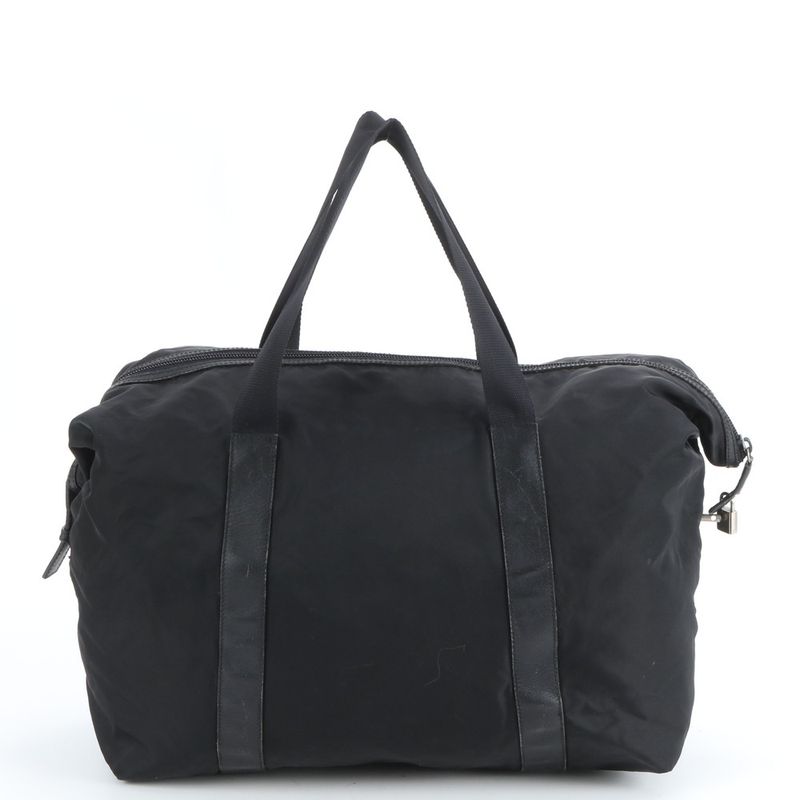 Prada Tessuto Nylon Triangle Logo Leather Boston Bag Business Travel Tote Black