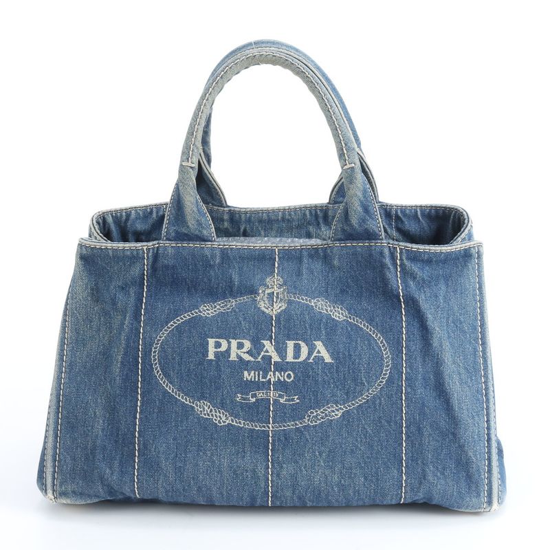 Prada Canapa Denim Blue Tote Shoulder Hand Rem