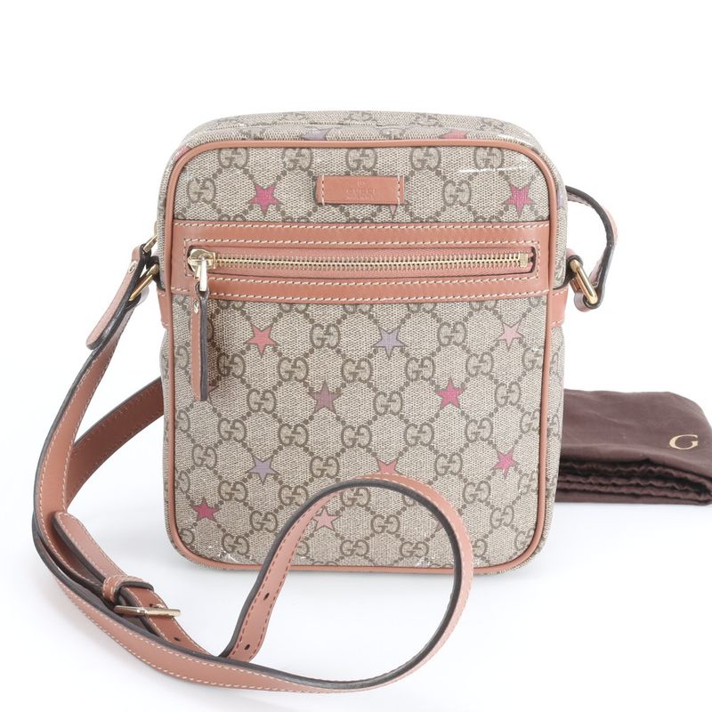 Gucci GG Supreme Star Leather Shoulder Bag Crossbody Hand Tote Brown Pink