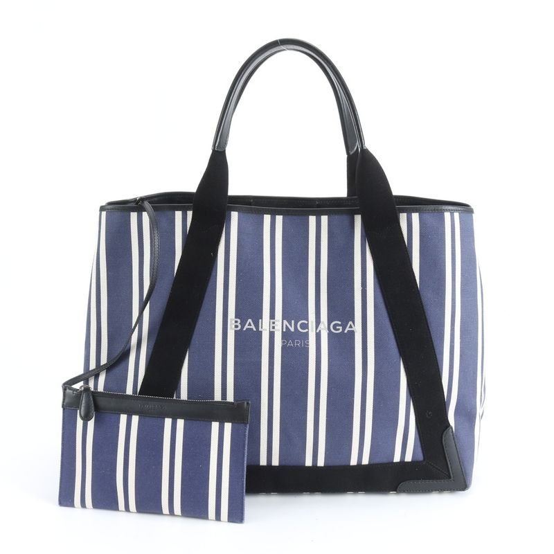 Balenciaga Navy Cabas Leather Canvas Tote