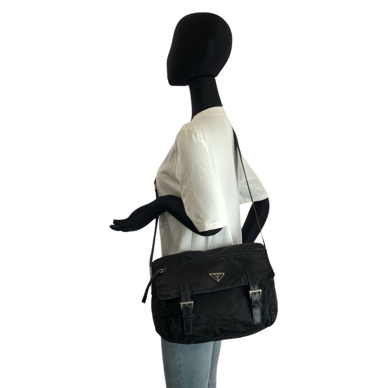 Prada Tessuto Black Silver Nylon Shoulder Bag