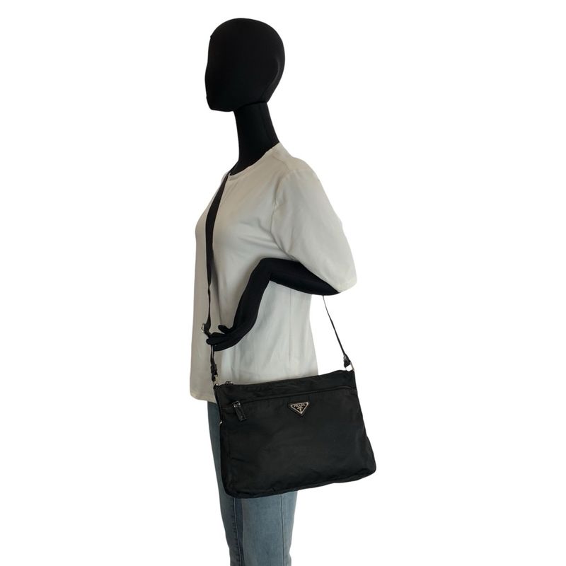 Prada Tessuto Black Silver Nylon Leather Shoulder Bag