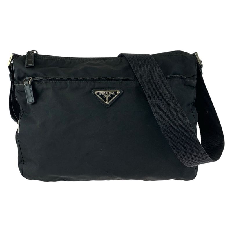 Prada Tessuto Black Silver Nylon Leather Shoulder Bag