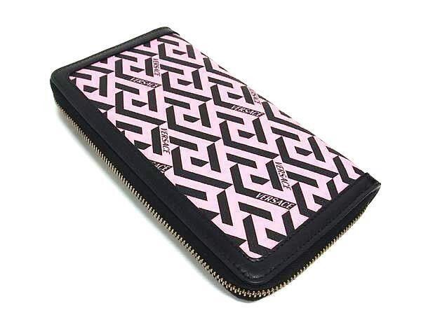 Versace Wallet Greca Pink Black Leather Round Zippy Gold