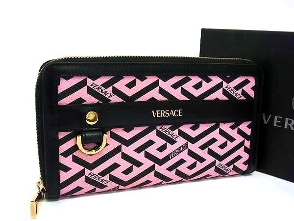 Versace Wallet Greca Pink Black Leather Round Zippy Gold
