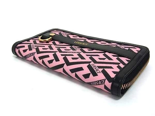 Versace Wallet Greca Pink Black Leather Round Zippy Gold