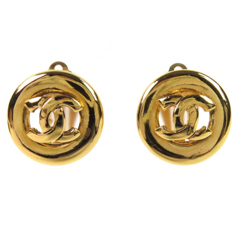 Chanel Vintage Round Here Mark Ear Clip Earrings for Both Ears Gold Ring