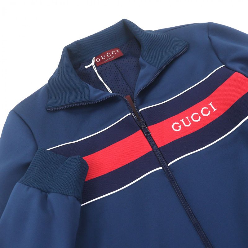 Gucci Neoprene Logo Web Stripe Zip Up Track Jacket Navy Hat