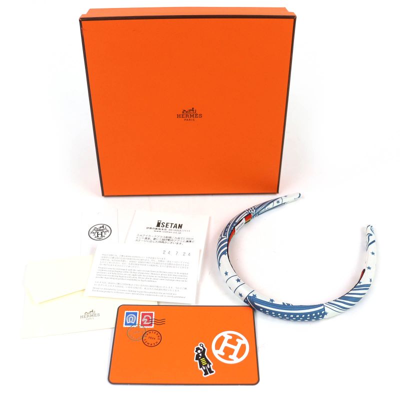 Hermes Workman Female Gina Zigzag Silk Star Hair Band Headband Blue White Hat