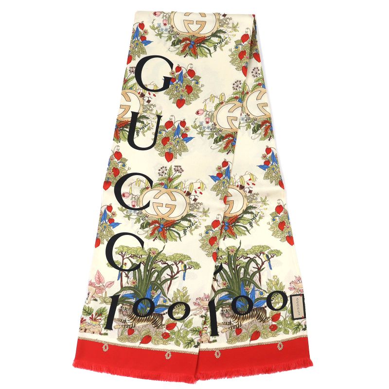 Gucci Silk in g Logo Floral Pattern Mini Fringe Scarf Ivory