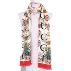 Gucci Silk in g Logo Floral Pattern Mini Fringe Scarf Ivory