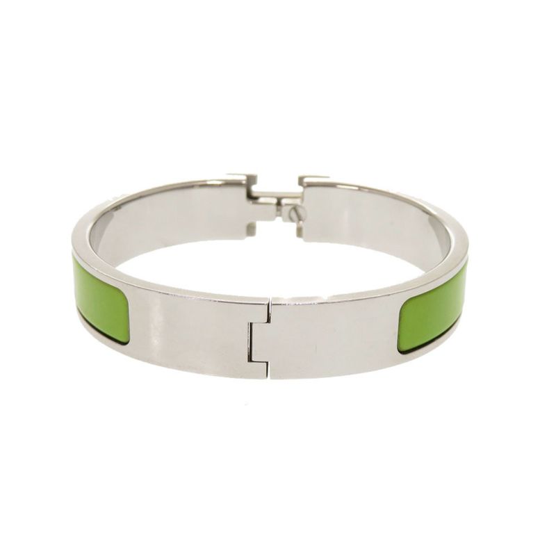 Hermes Clic Clac PM Metal Silver Green Bangle Bracelet