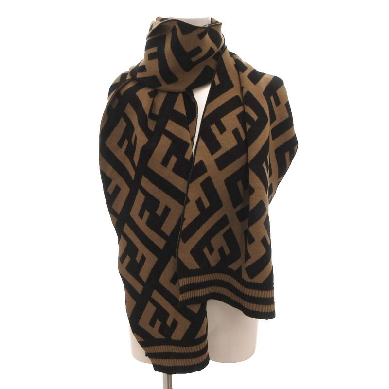 Fendi Scarf Shawl Zucca Pattern Bicolor Black Brown Ff