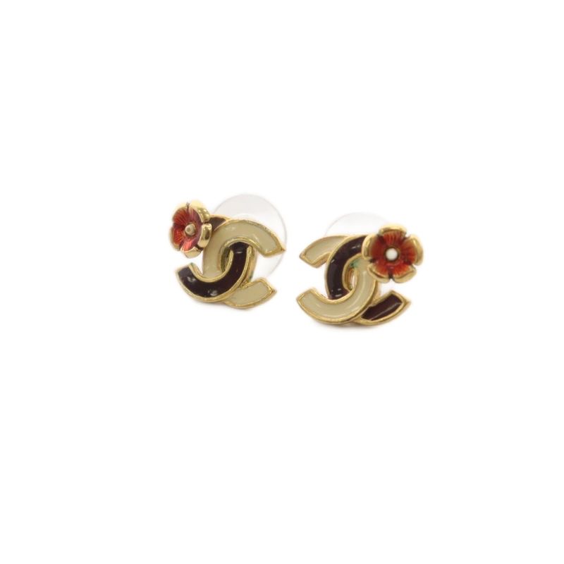 Chanel CC Logo Flower Earrings Gold Color White Black Kh Oh
