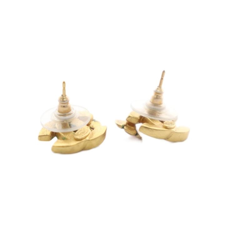 Chanel CC Logo Flower Earrings Gold Color White Black Kh Oh