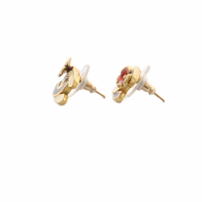 Chanel CC Logo Flower Earrings Gold Color White Black Kh Oh