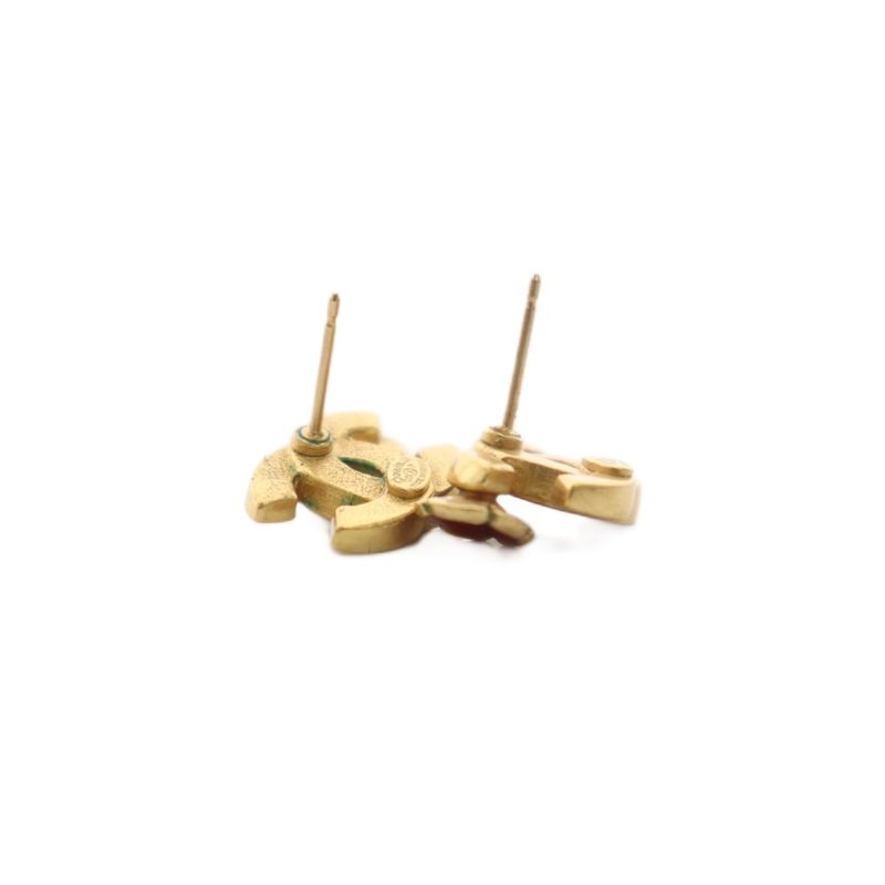 Chanel CC Logo Flower Earrings Gold Color White Black Kh Oh