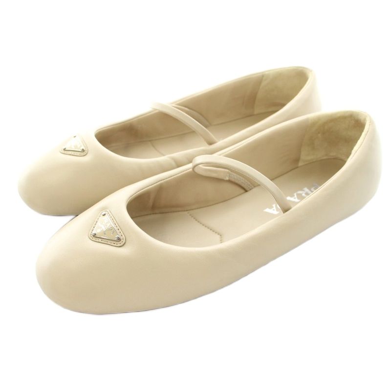Prada Mary Jane Ballet Shoes Flat Leather 37.5 Light Beige KU