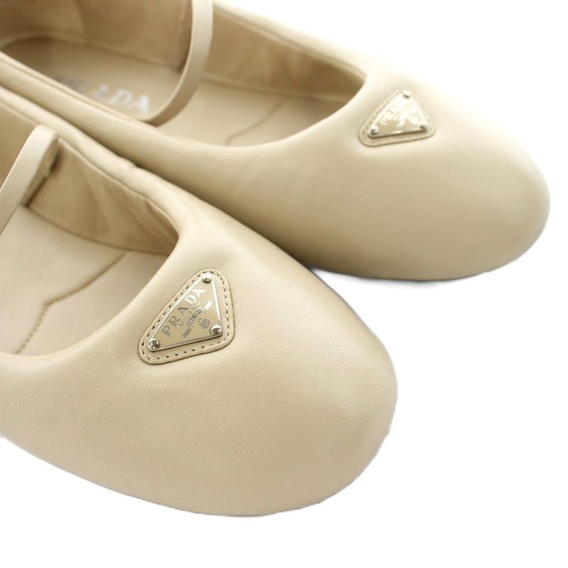 Prada Mary Jane Ballet Shoes Flat Leather 37.5 Light Beige KU