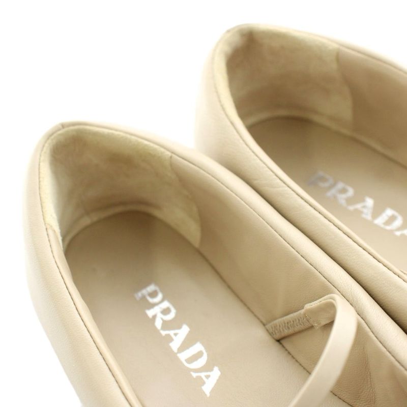 Prada Mary Jane Ballet Shoes Flat Leather 37.5 Light Beige KU