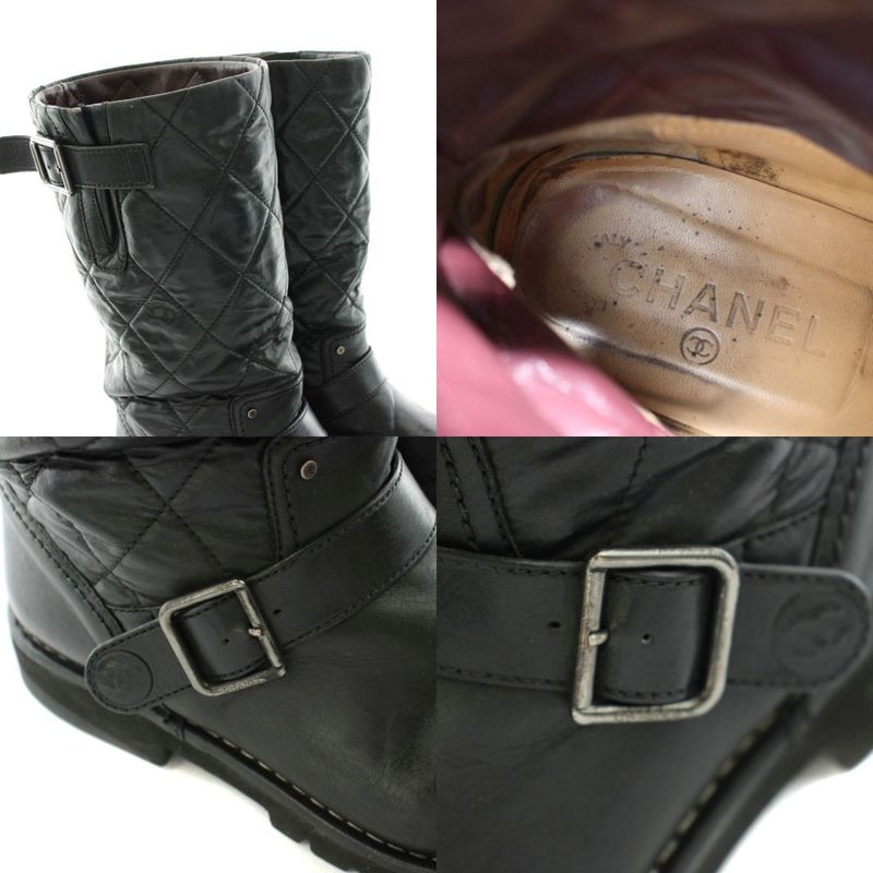 Chanel CC Logo Engineered Boots Middle Length Quilted Leather 39.5 Black