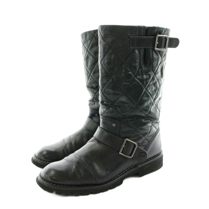 Chanel CC Logo Engineered Boots Middle Length Quilted Leather 39.5 Black