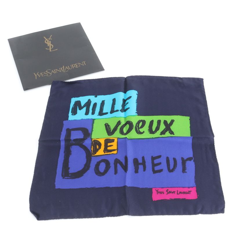Saint Laurent YSL Yves Silk Scarf Mille Voeux de Bonheur Navy