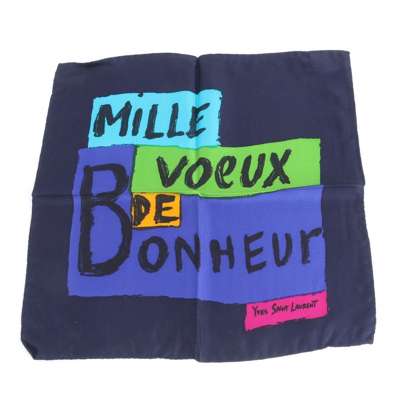 Saint Laurent YSL Yves Silk Scarf Mille Voeux de Bonheur Navy