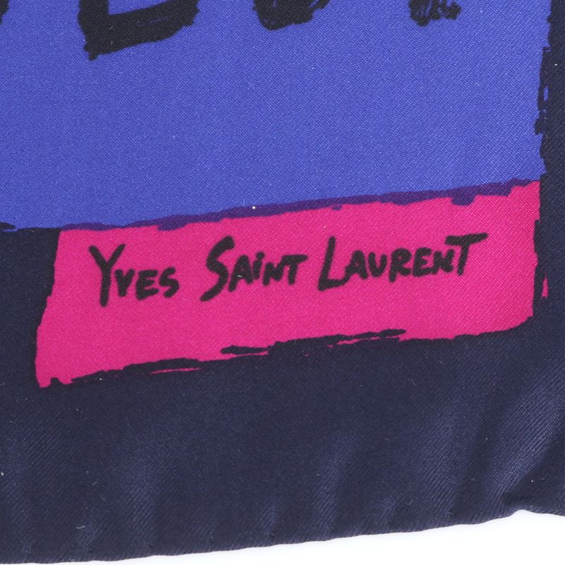 Saint Laurent YSL Yves Silk Scarf Mille Voeux de Bonheur Navy