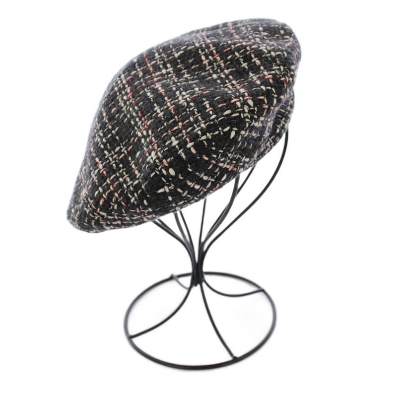 Chanel Beret Hat Tweed CC Logo Wool M Gray