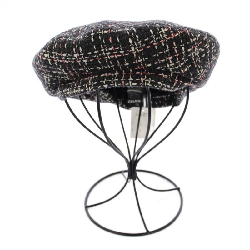 Chanel Beret Hat Tweed CC Logo Wool M Gray