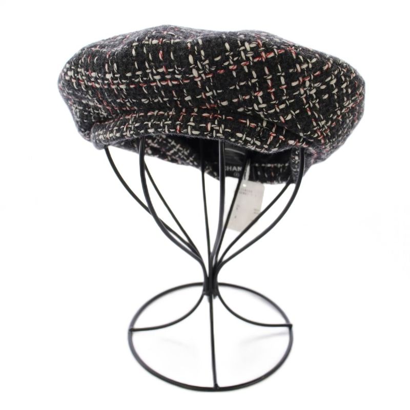 Chanel Beret Hat Tweed CC Logo Wool M Gray