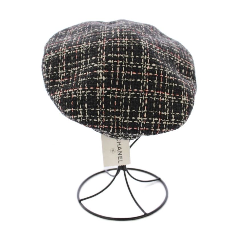 Chanel Beret Hat Tweed CC Logo Wool M Gray