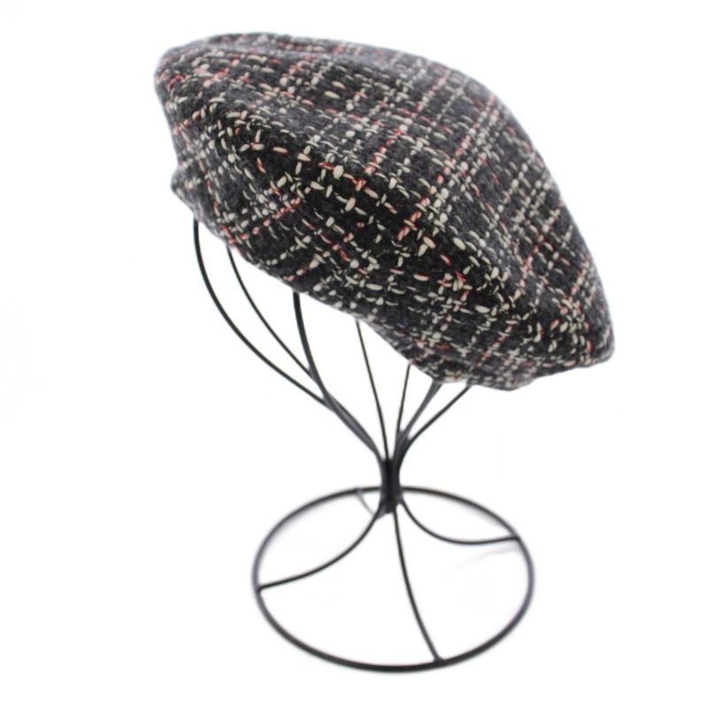 Chanel Beret Hat Tweed CC Logo Wool M Gray