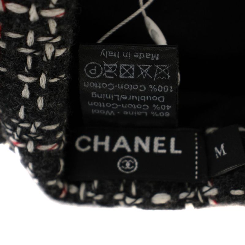 Chanel Beret Hat Tweed CC Logo Wool M Gray