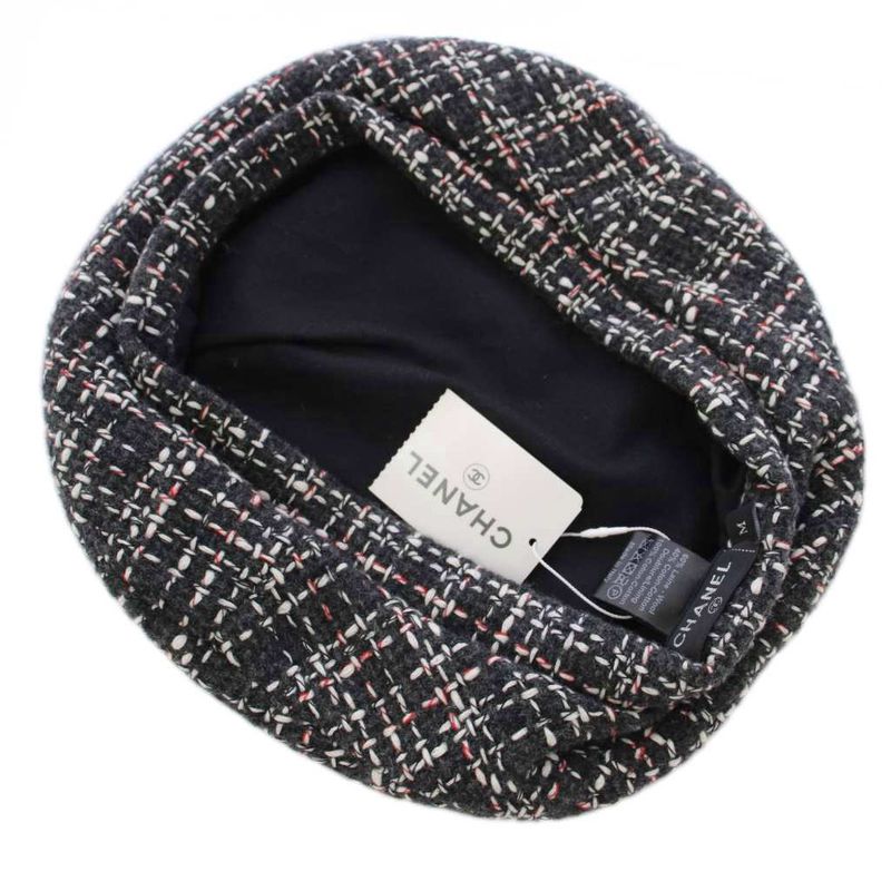 Chanel Beret Hat Tweed CC Logo Wool M Gray