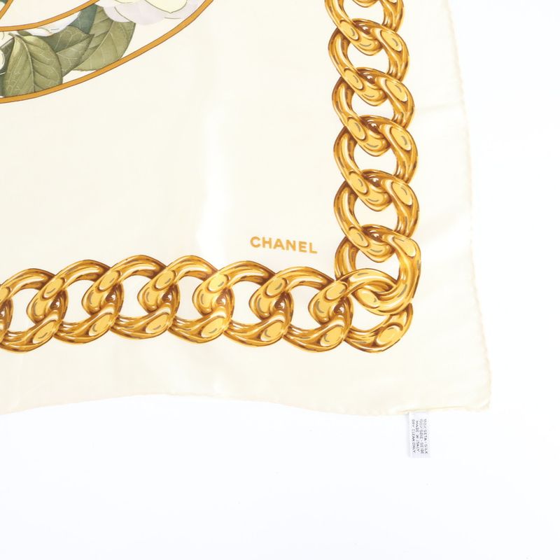 Chanel Vintage Tag CC Logo Flower Gold Chain Silk 100% Scarf Rue