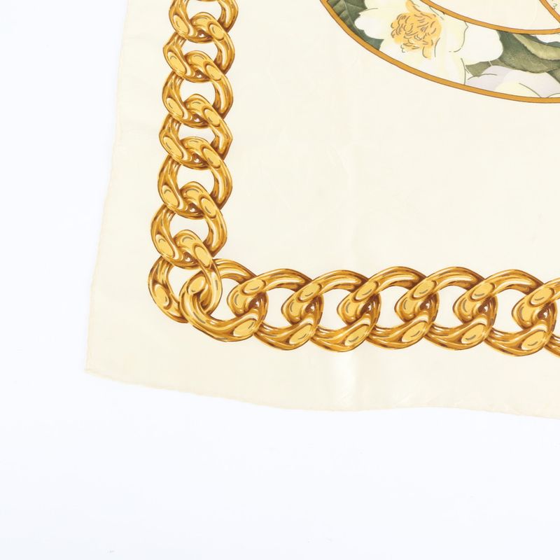 Chanel Vintage Tag CC Logo Flower Gold Chain Silk 100% Scarf Rue