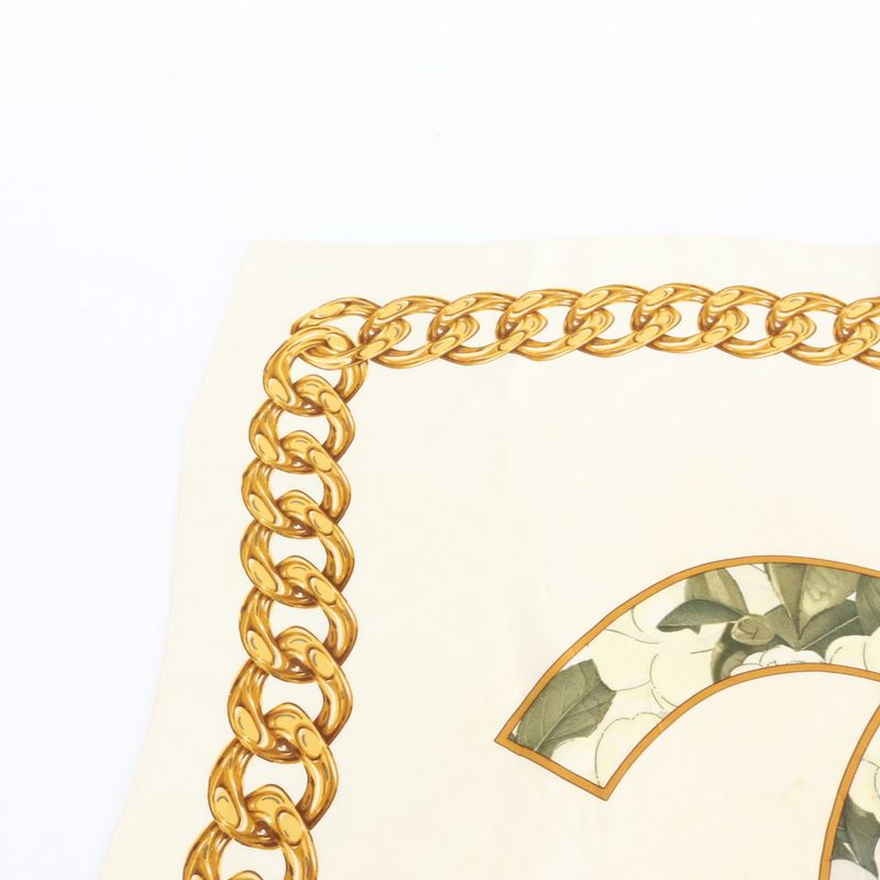 Chanel Vintage Tag CC Logo Flower Gold Chain Silk 100% Scarf Rue