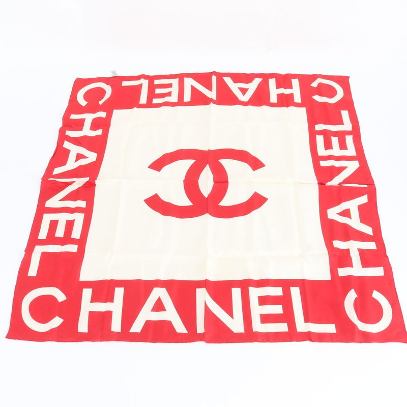 Chanel Tag Logo CC Silk Scarf Large Shawl Rue Red White
