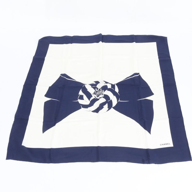 Chanel Vintage Silk Ribbon Scarf Navy Blue Shawl Large X White