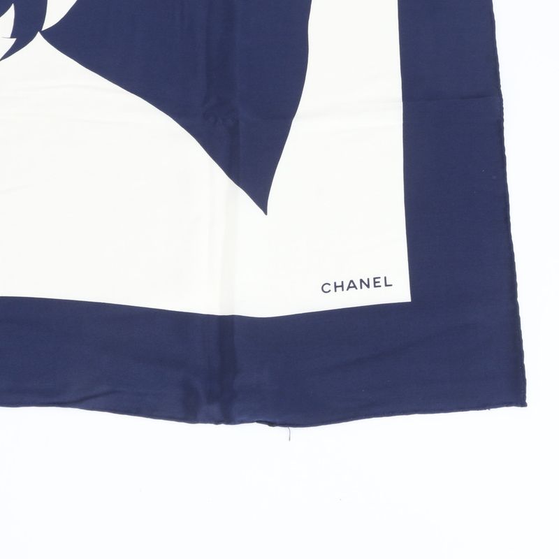 Chanel Vintage Silk Ribbon Scarf Navy Blue Shawl Large X White