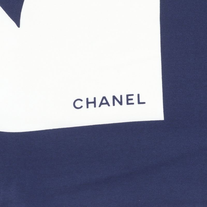Chanel Vintage Silk Ribbon Scarf Navy Blue Shawl Large X White