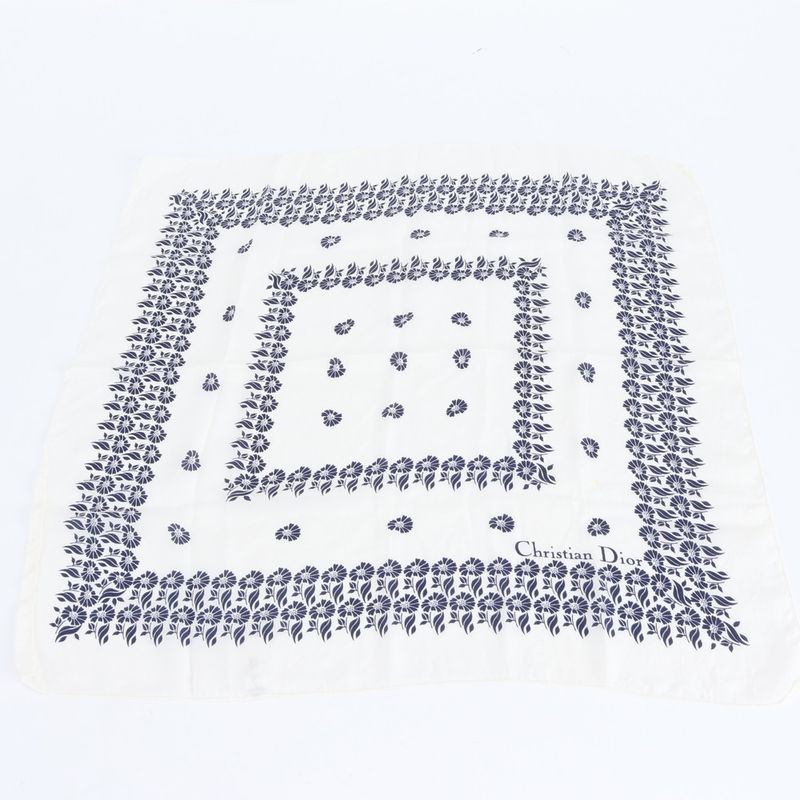 Dior Tag Silk Scarf Flower Floral Pattern Shawl White Navy