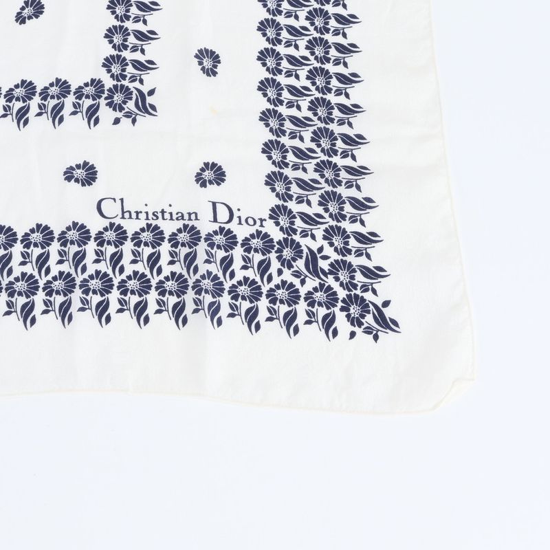 Dior Tag Silk Scarf Flower Floral Pattern Shawl White Navy