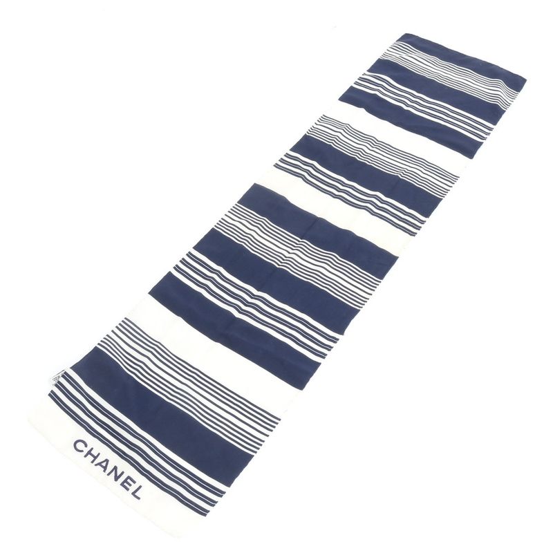 Chanel Tag Silk Striped Border Scarf Navy Large Shawl Rue X White