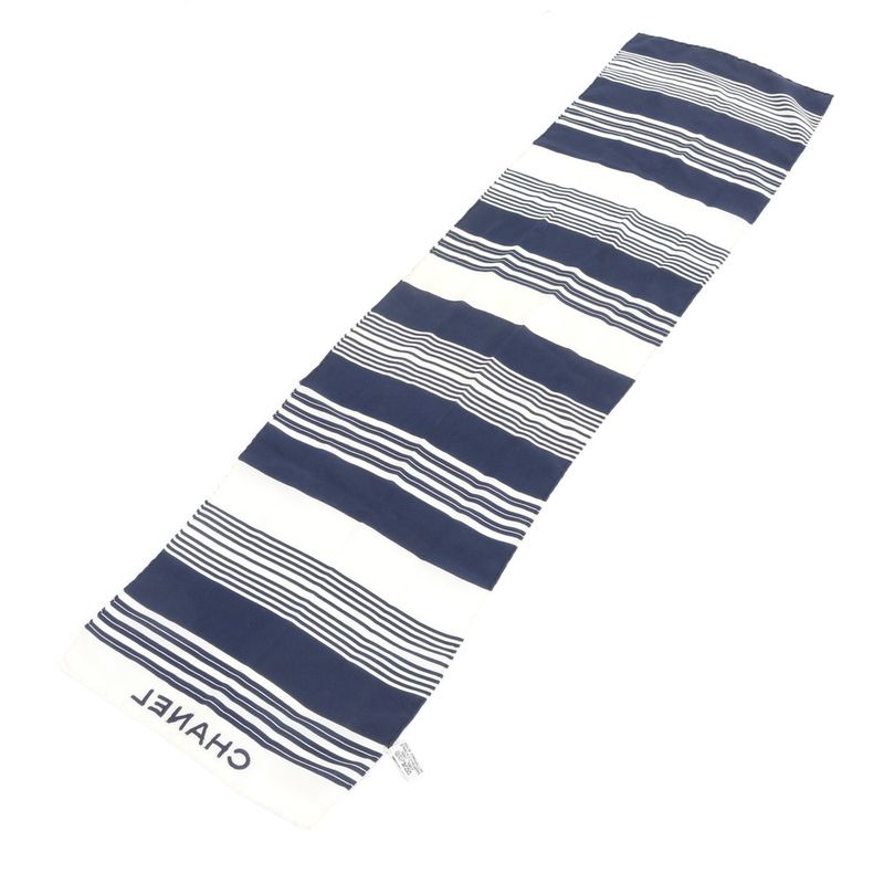 Chanel Tag Silk Striped Border Scarf Navy Large Shawl Rue X White