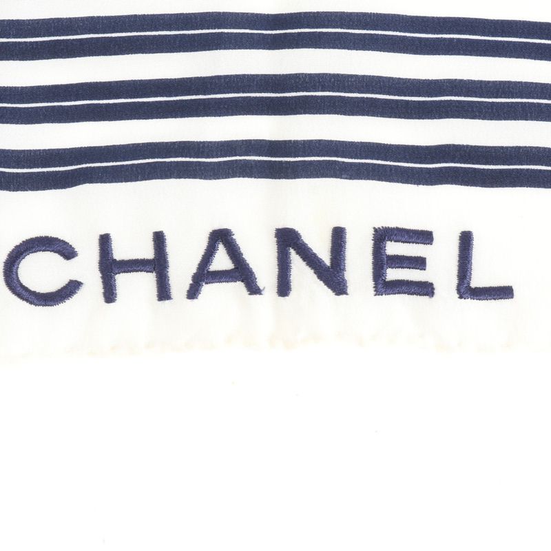Chanel Tag Silk Striped Border Scarf Navy Large Shawl Rue X White