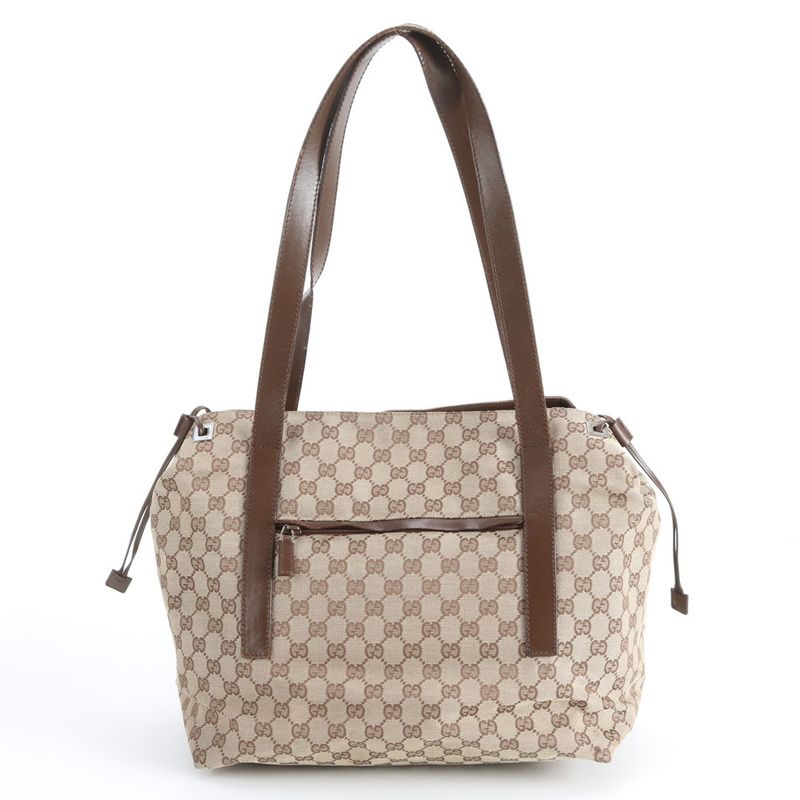 Gucci GG Canvas Leather Tote Shoulder Hand Brown